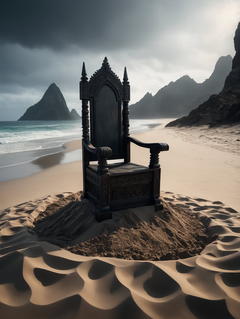 empty gothic throne standing in sand highgly detailed, bright and saturated colors, sharp focus, dramatic lighting, depth of field, incredibly high detailed, in the background is dark menacing ocean like on lost island
