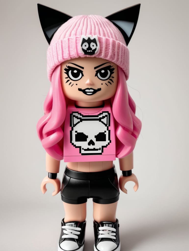 A Lego girl who is wearing a cat ear beanie, pink skull crop top, black shorts , and converses