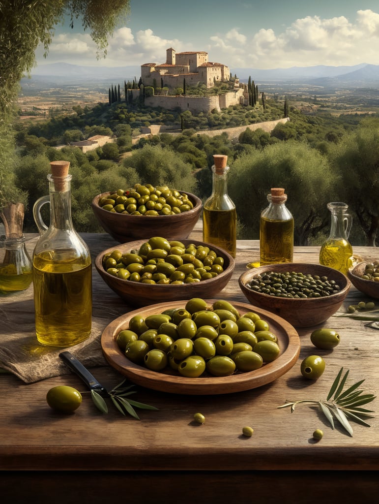 A wooden table on which green olives without holes are arranged with the correct texture and drizzled with oil on a wooden plate. Nearby are transparent bottles filled with oil, bottles without labels. In the background is an olive grove and an ancient Italian castle on the horizon.