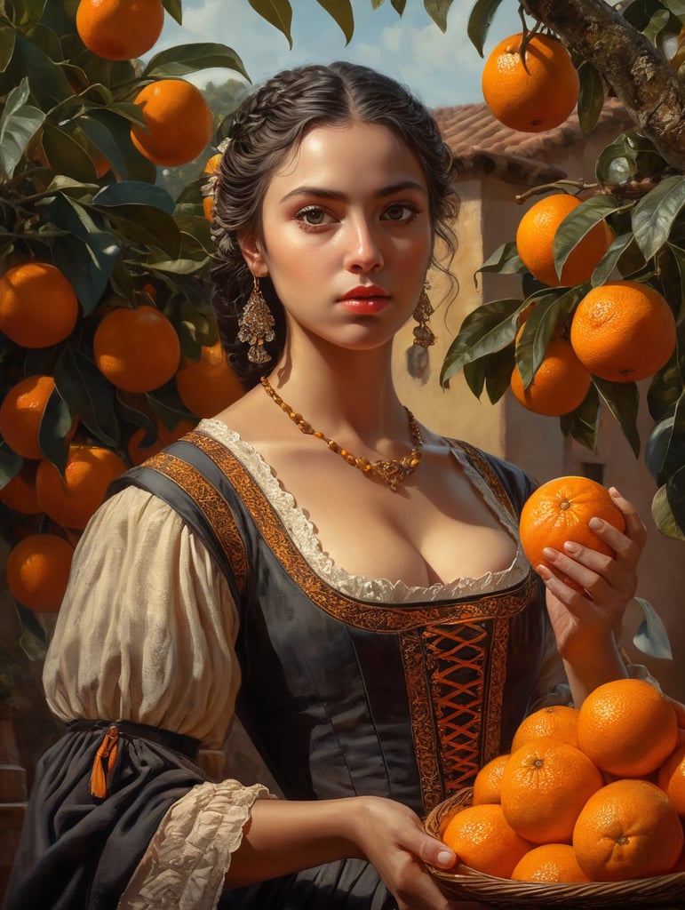 Portrait of a young, dark and beautiful Italian girl growing oranges from Sicily in 17th century Italian folk dress, dramatic lighting, depth of field, orange trees in the background. Oranges should have a beautiful, even structure. Incredibly high detail holding fresh oranges in hand