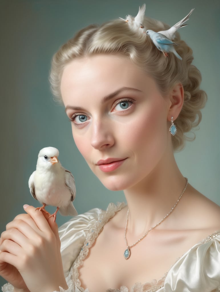 oil portrait painting of Marie-Emilie holding up a small bird Baudouin from François Boucher in the Rococo style, soft pastel colours and lots of fine details