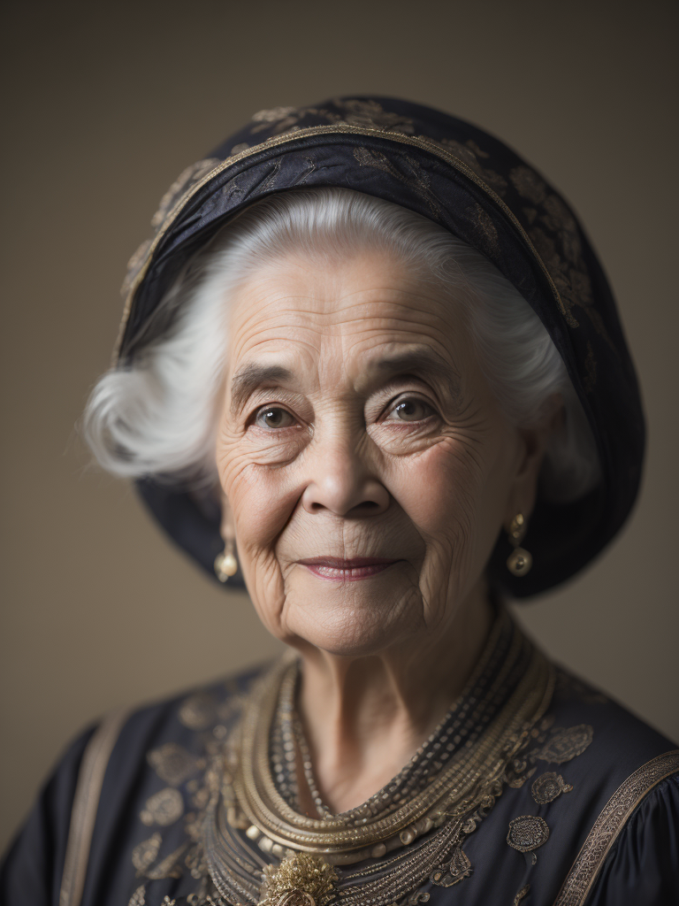 Portrait of old lady, dressed in a ornate dress which is mix of baroque and ethnic dress, elegant, highly detailed, sharp focus, Dramatic Lighting, Depth of field, Incredibly high detailed, blurred background