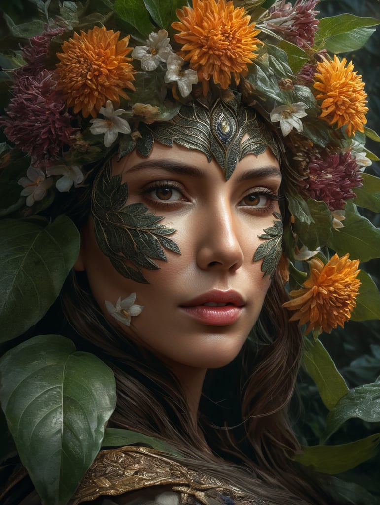leaves and flowers covering woman's face