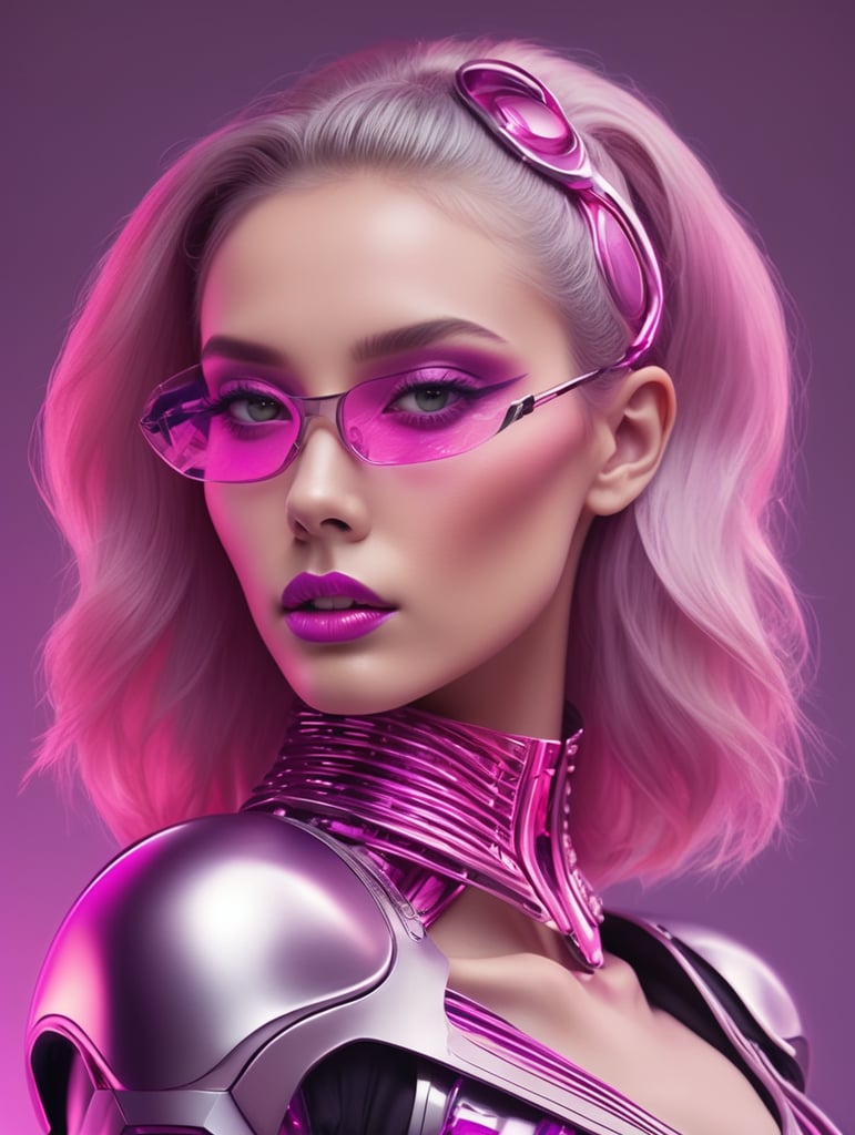 woman wearing alien fashion wear, neon pink, purple and magenta, touch of silver