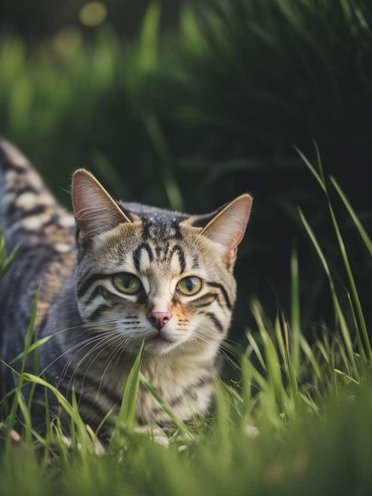 raibs kaķis zaļā zālē