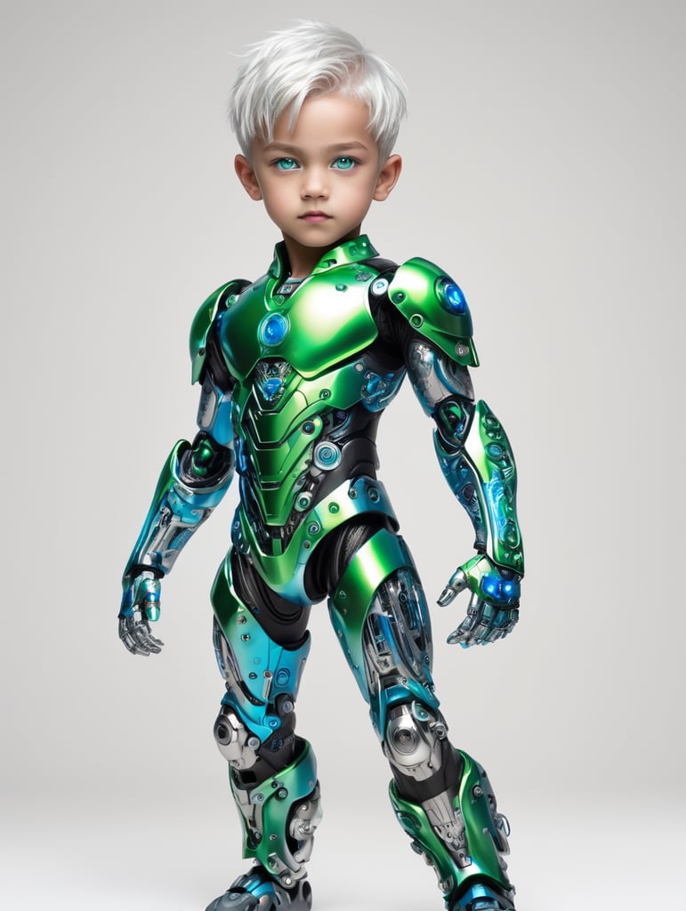 full body photo cyberpunk kid character in a T-Pose, with a striking blend of human and robotic features, standing against a pure white background, with metallic limbs and neon blue circuitry visible beneath translucent synthetic skin, piercing green eyes with vertical pupils, silver hair styled r, and a sleek, aerodynamic body suit with a metallic finish, complete with glowing blue accents and intricate, circuit-like patterns etched into the armor plating, with a subtle, atmospheric glow softly illuminating the character's form.