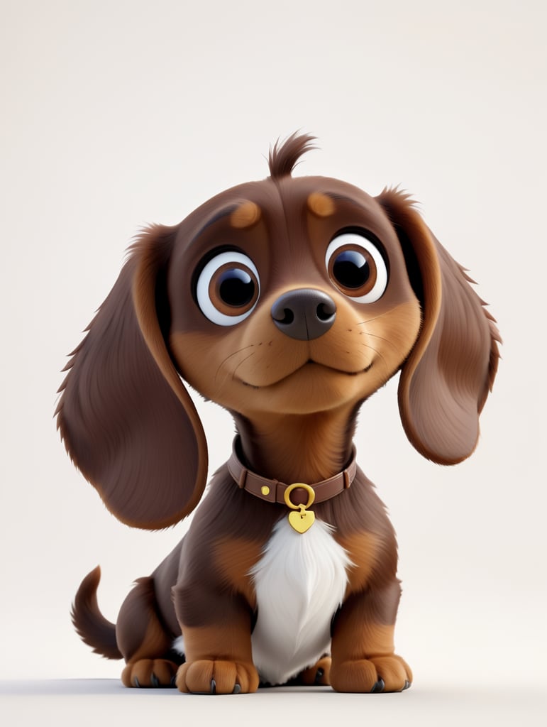 A sad chocolate brown dachshund with big sad brown eyes, floppy ears, and white chest, in the style of a Pixar movie character.