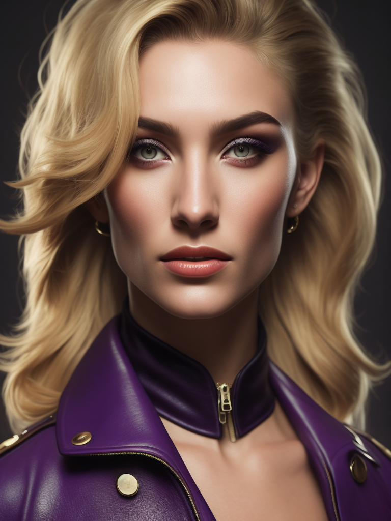 Super-realistic portrait of a blonde supermodel wearing a purple collegiate varsity jacket, high resolution hair, 8k style, 32uhd, skin pores, peach fuzz, bright Dior style make-up, fashion editorial style, Award winning photo, dramatic lighting, boxing ring, dramatic lighting,
