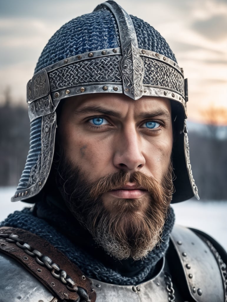 Portrait of a medieval Slavic warrior with a beard, wearing a helmet and chain mail, gray-blue eyes, a face stained with blood, against the backdrop of a winter landscape