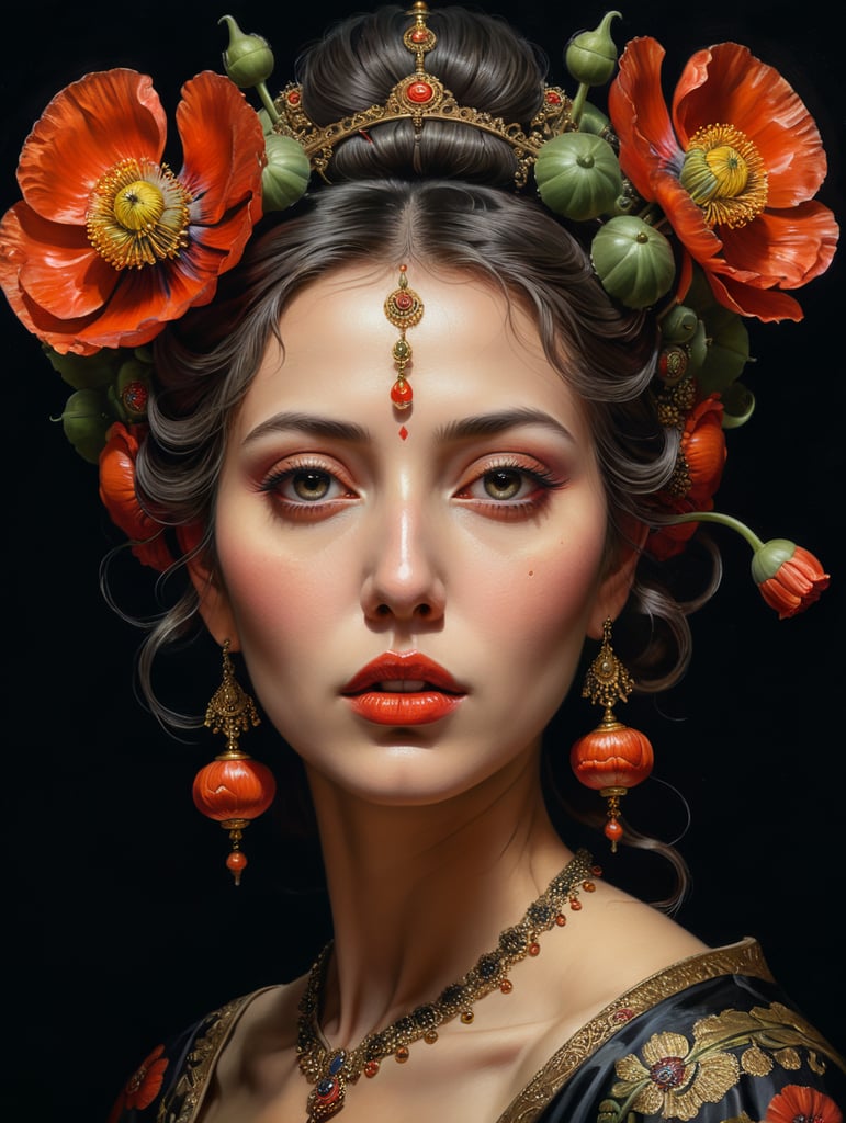 Türkan Şoray, ultrafine detailed painting of a woman with a n opium poppy flower in her hair, whimsical, detailed painting