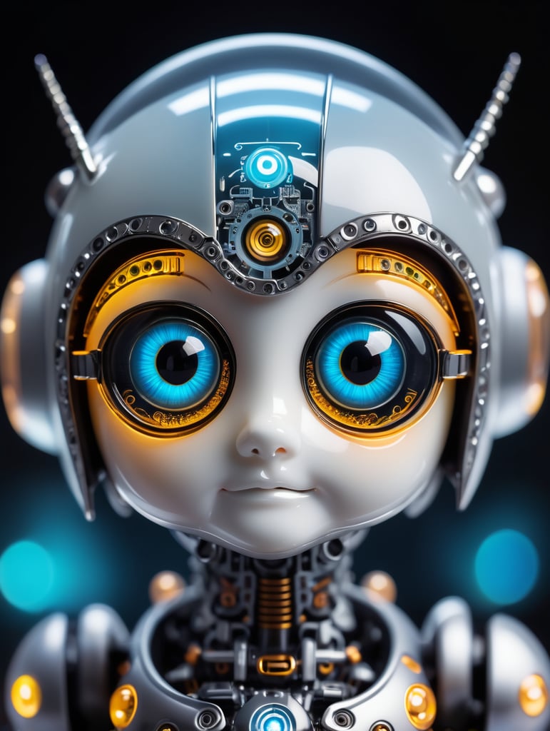 adorable aesthetic miniature robot translucent polycarbonate led eyes emoticon intricate details futuristic depth of field