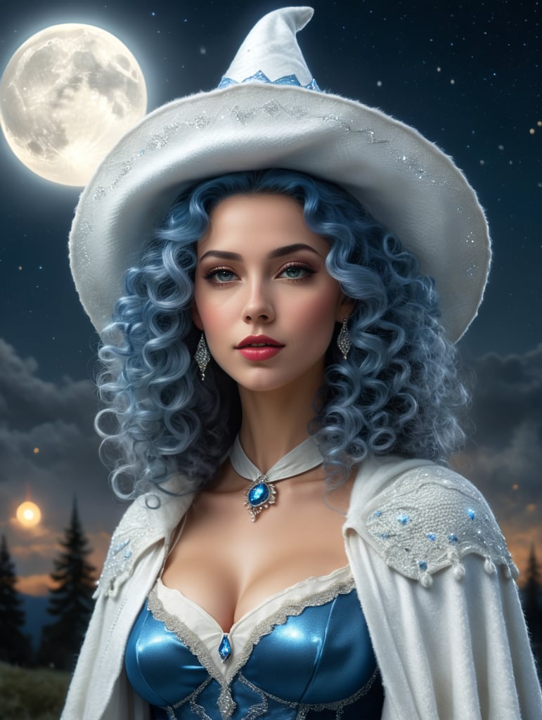 woman with blue curly hair, big white witch hat, white vintage sweater, gray bearskin cape, blue eyes, big full moon in the background, night with stars