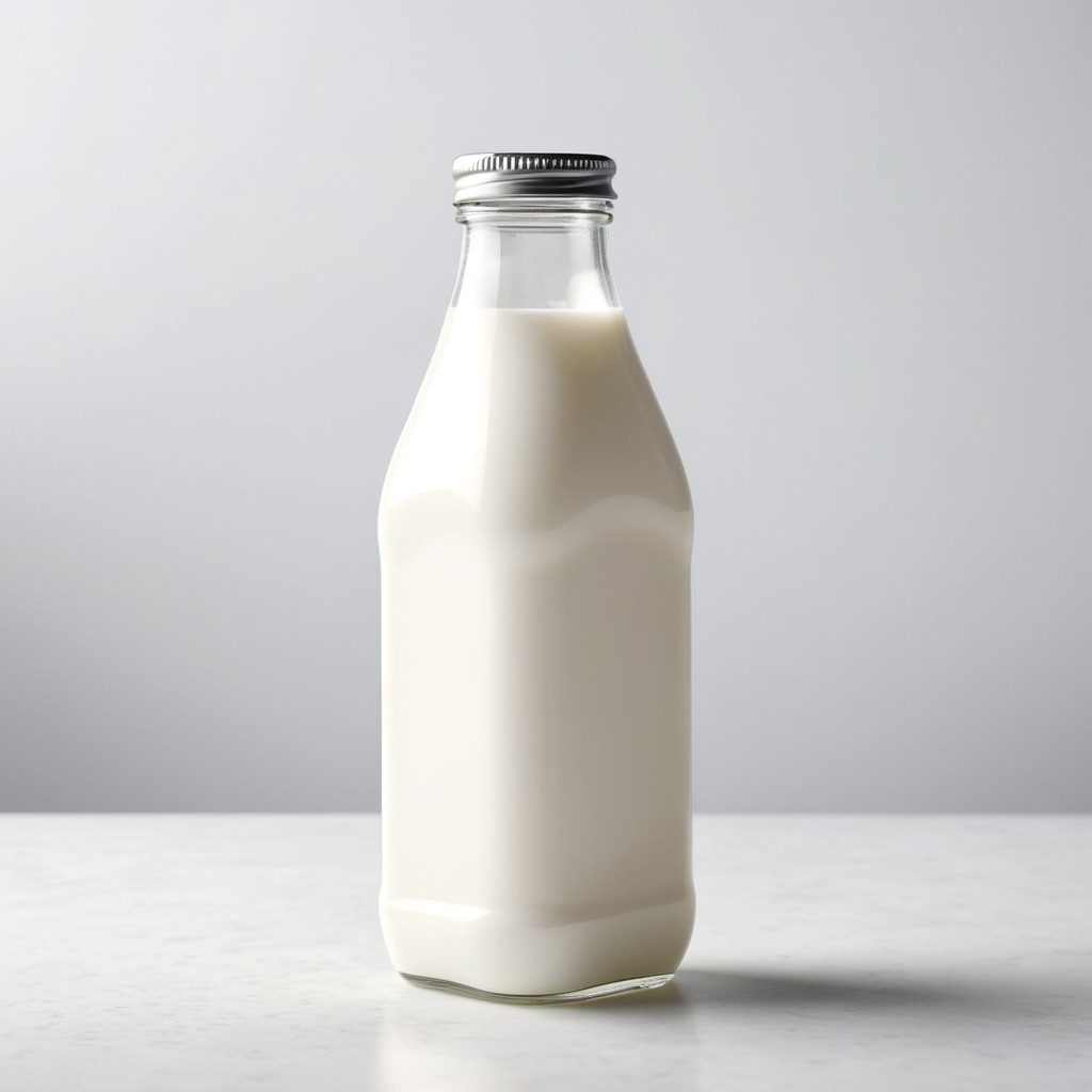 A mockup of a square glass bottle of milk.
