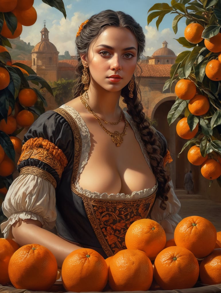 Portrait of a young, dark and beautiful Italian girl growing oranges from Sicily in 17th century Italian folk dress, dramatic lighting, depth of field, orange trees in the background. Oranges should have a beautiful, even structure. Incredibly high detail holding fresh oranges in hand