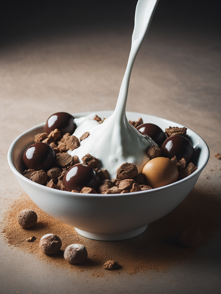 A white porcelain bowl splashing Milk and chocolate cereal balls