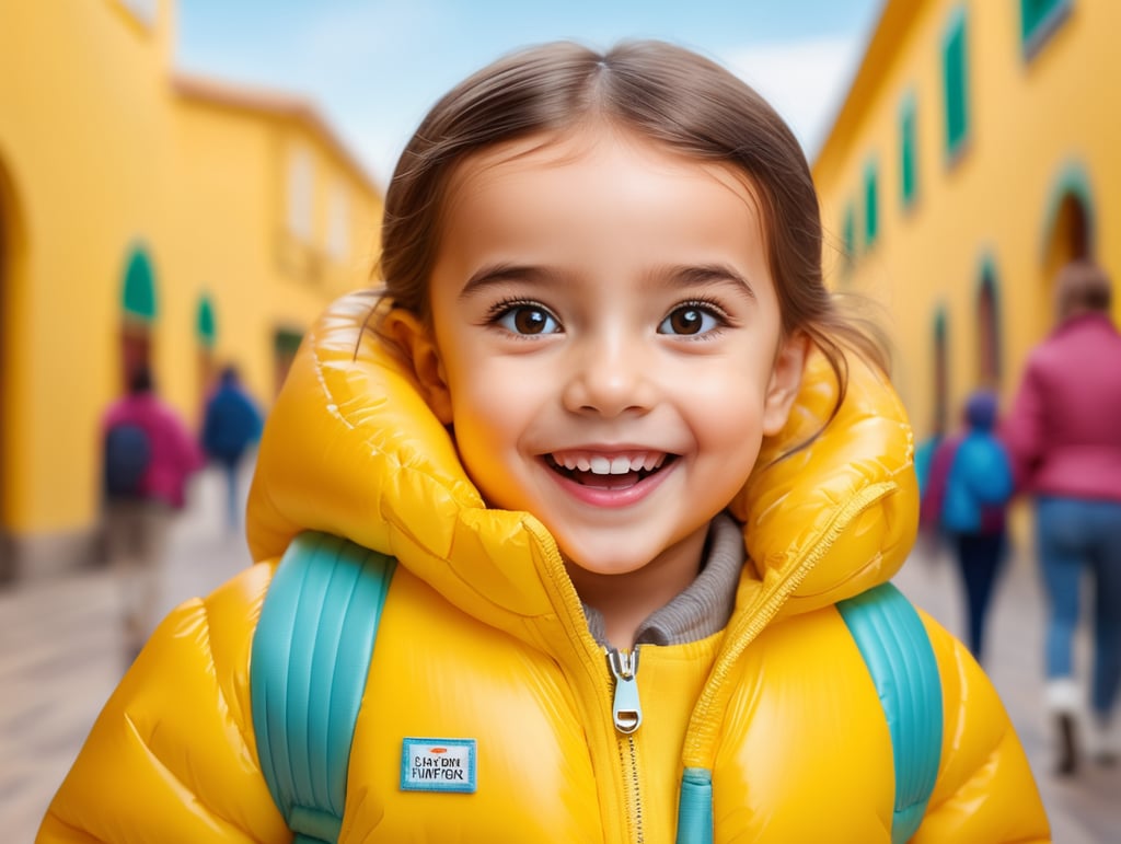 photo happy little girl going to travel, cute girl, dressed yellow inflatable puffer jacket, yellow background, harpers bizarre, cover, headshot, hyper realistic, vibrant colors