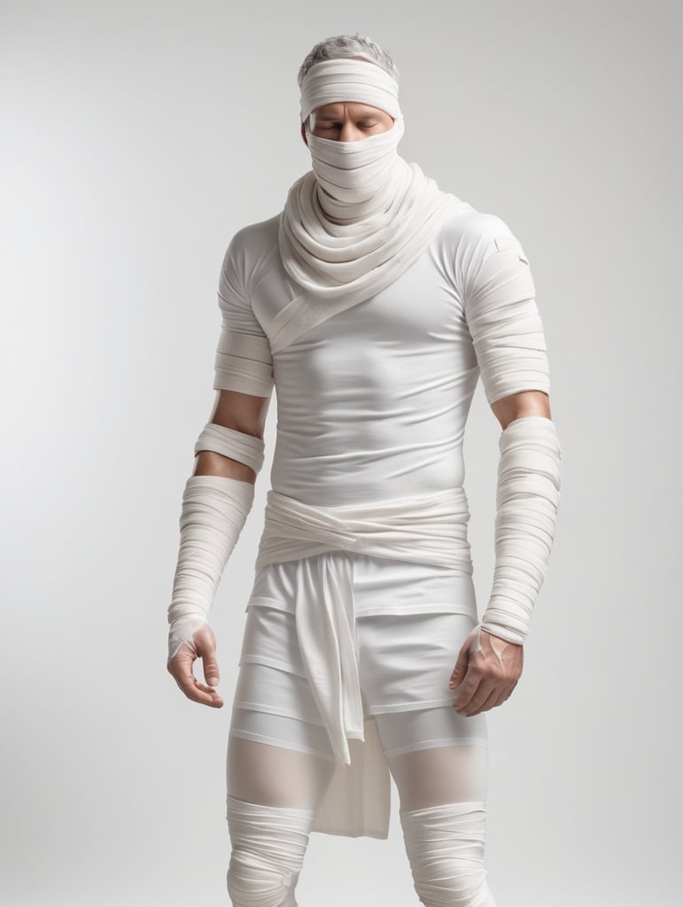 A photograph of man covered in bandages with his arms reached out with realistic style, white background, full body, show hands, show neck and head