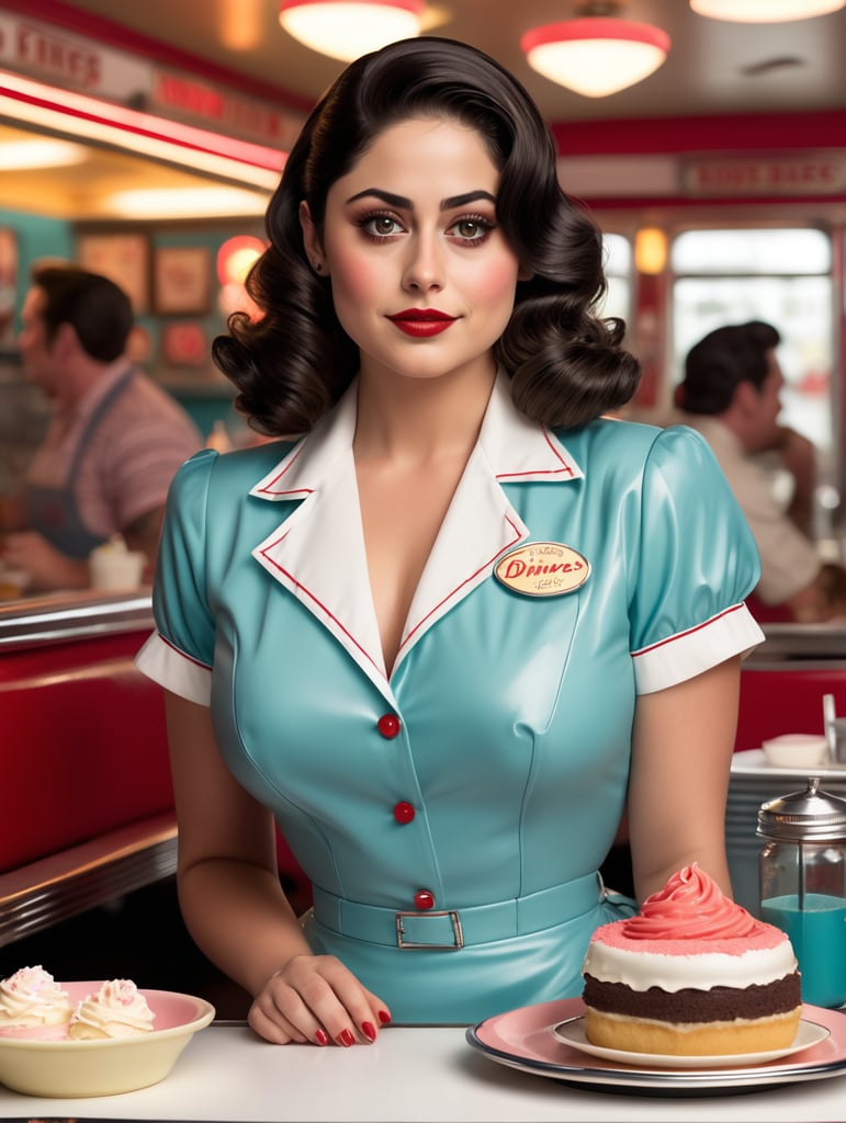 Rosa Salazar is a very busty waitress, she wears a very skimpy waitress outfit with much cleavage, she has long wavy brunette hair and smoky eyeshadow, she has freckles, she serves a piece of cake on a platter, background is a 50s diner