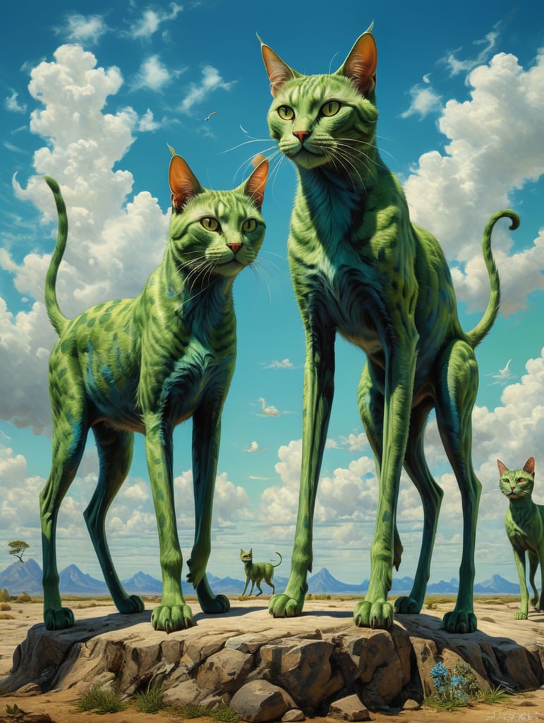 Green cats with very long, thin legs. Painted in the style of Salvador Dali. Blue sky.