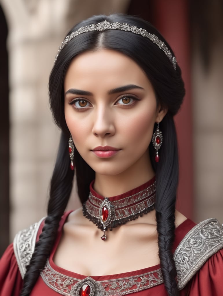 Kobieta. Europejskie. Czarne proste włosy do ramion. Brązowe oczy. Milady. Średniowiecze. Portret. Strój czerwony z elementami srebra.
