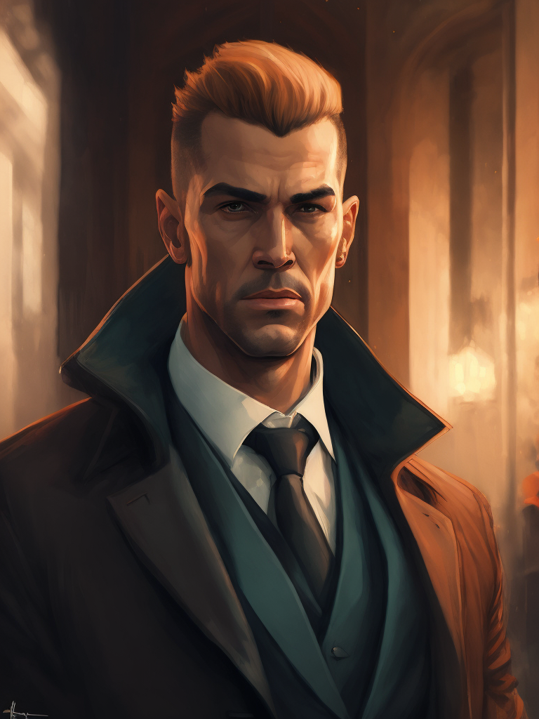 Portrait of a mafia boss in formal suit, Thick build, Hair slicked back, Aggressive look, Against a vintage interior, Subdued tones, Deep colors, contrasting light,