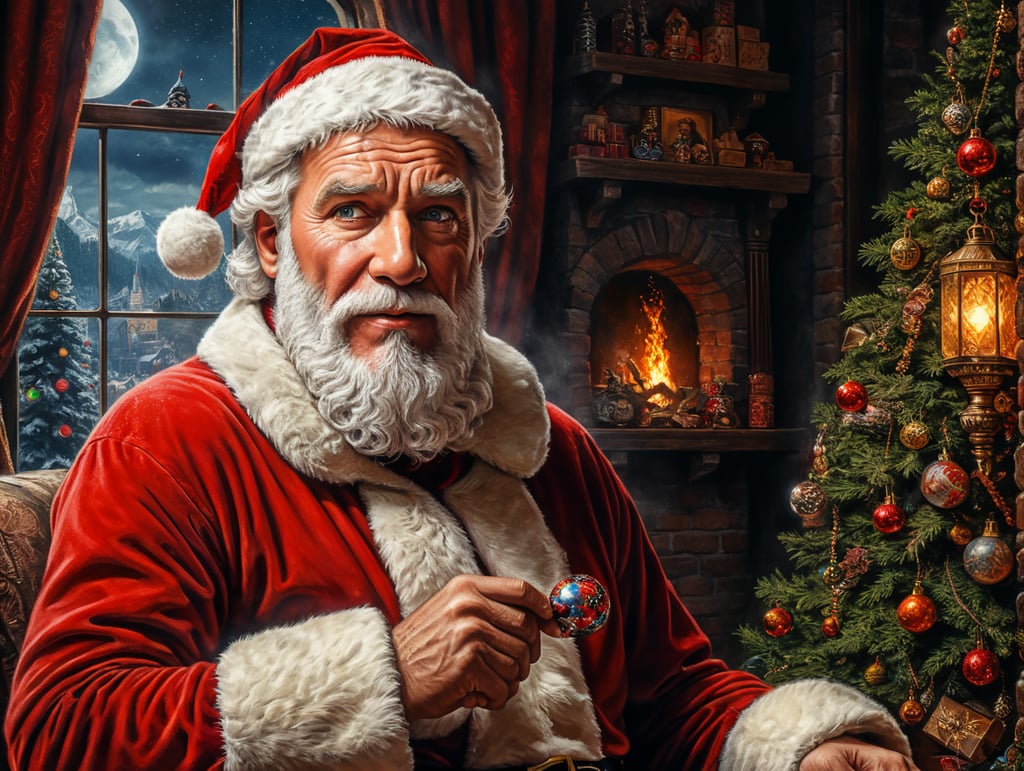 This artwork of the Santa Clause by George Wilson is an eye-catching poster-style drawing and illustration representing the iconic pulp style.