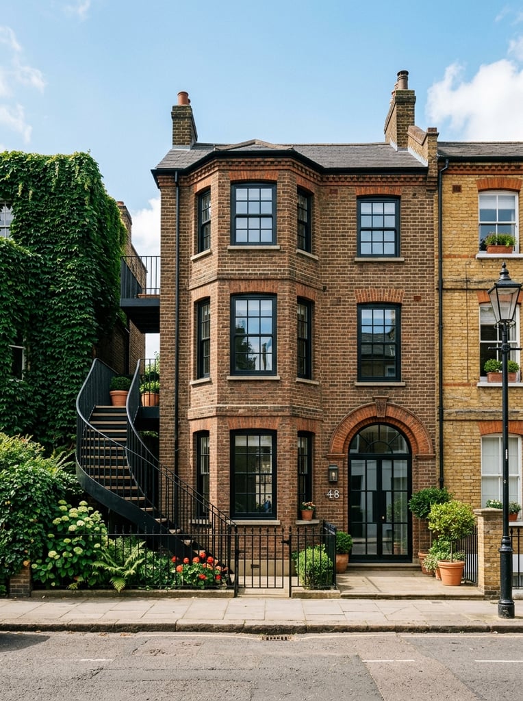 straight-on architectural photography of a two-story brown brick house, stacked bay windows with black frames, arched window, modern glass double doors, metal staircase, black metal fence, small green garden, adjacent building covered in dense green ivy, yellow brick neighboring building, bright natural daylight, clear sky, sharp focus