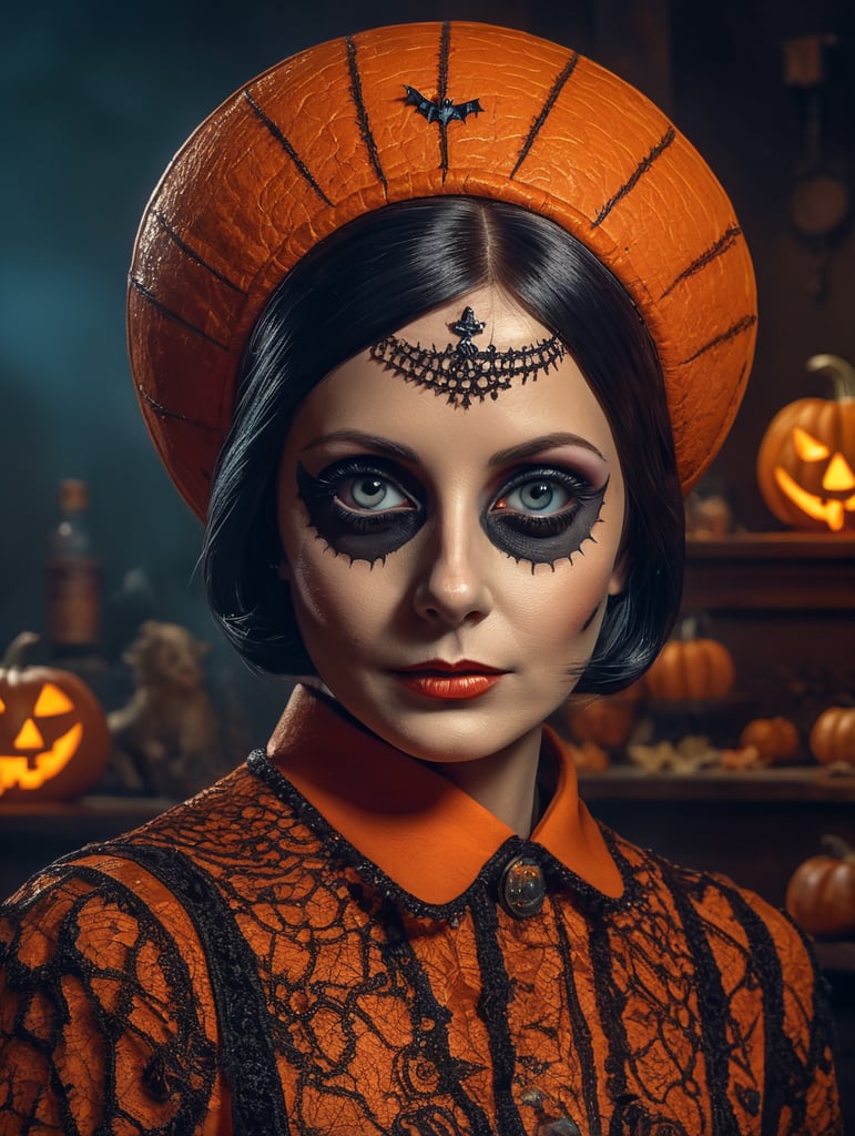 Twiggy in Halloween costume, retro style, 60s, Vivid saturated colors, Contrast color