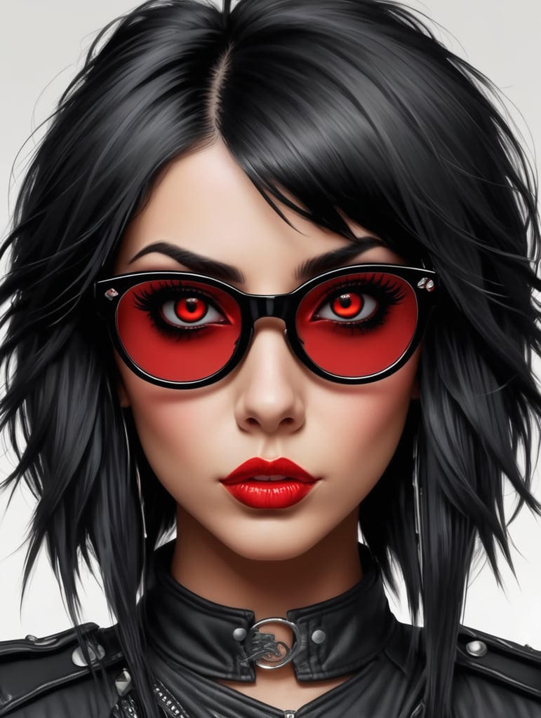 black hair rocker girl, digital art, vector, red eye, with eyeliner and glasses