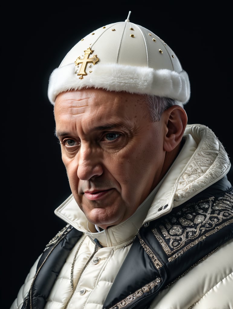 Professional photo glamour of Pope Francis looking stylish in a white puffer jacket