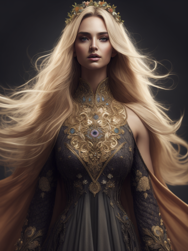 A beautiful woman model with blonde hair. She is standing tall. She is dressed in a long light-colored dress adorned with various delicate and light-colored flowers.