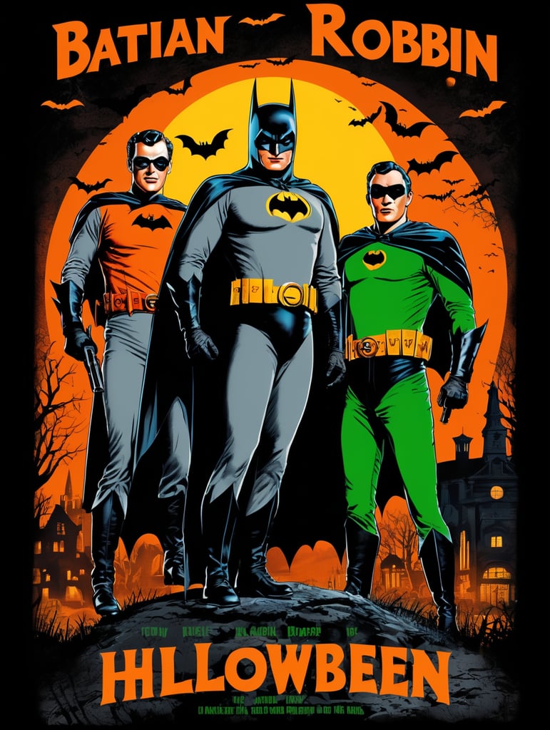 1950's b-movie horror halloween t-shirt print design featuring a batman and robin