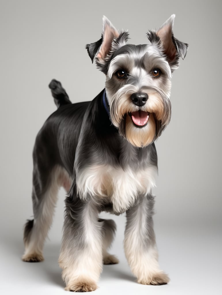 happy Schnauzer, [clean hair cut] competition side photo, [happy Schnauzer, [clean hair cut] competition side photo, standing on all fours, so you can see the clean hair cut, gray color, studio photo, white background, studio lighting, photo realistic. ar 6:4] standing on all fours, so you can see the clean hair cut, gray color, studio photo, white background, studio lighting, photo realistic. ar 6:4