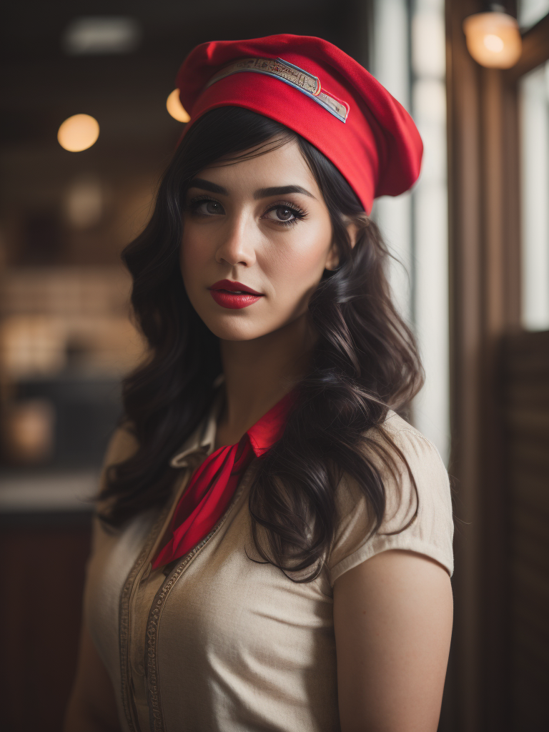 rockabilly girl with 50s style black hair wearing red bandana