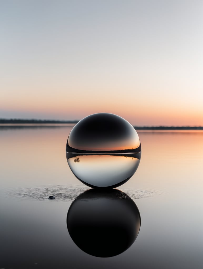 minimal, simple black sphere floating reflecting on water, just the horizon on the background