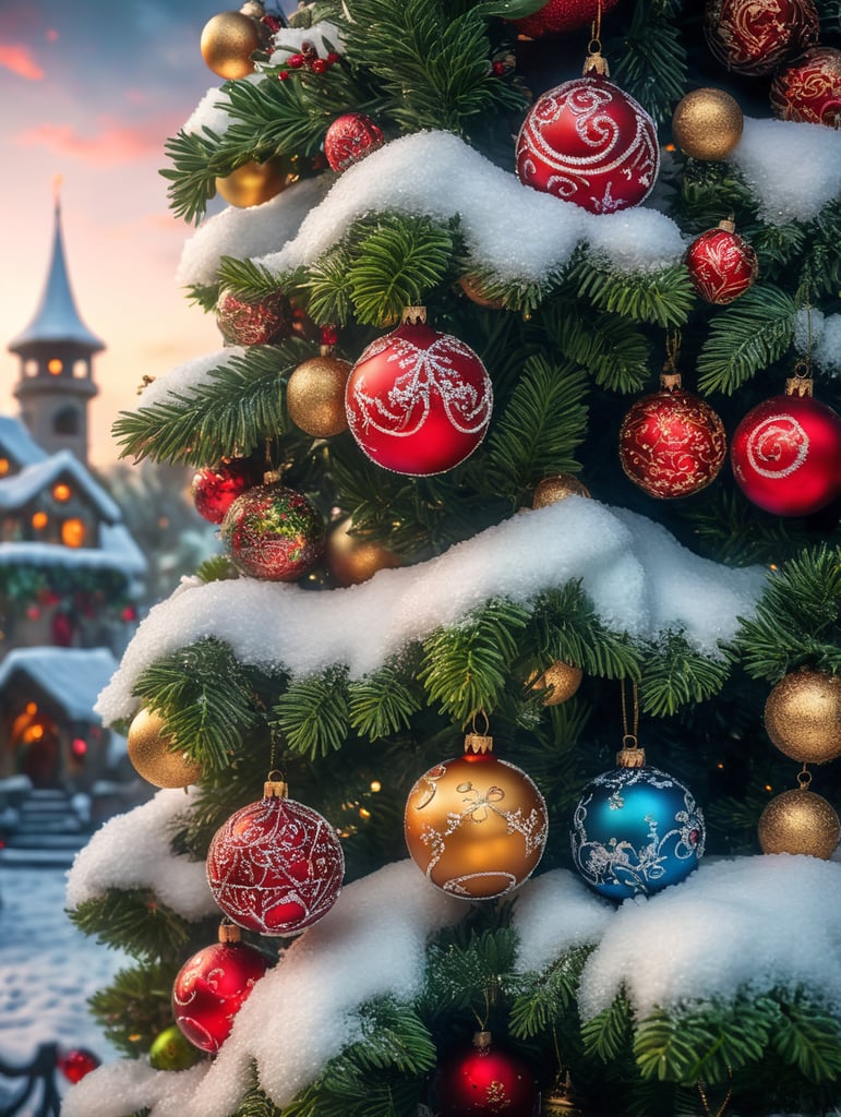 A closeup landscape photo of a holly tree decorated with ornaments and layered snow in the theme of a christmas village, bright and saturated colors, depth of field