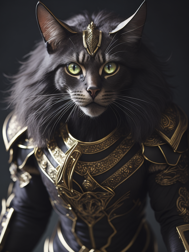 [anthropomorphism cat man], full body, glowing eyes, looking at viewer, dark fantasy demon, gothic cyber, horror egyptian mythology, mysterious golden metal wires, fractional shiny crystals, cult ritual, (masterpiece:1.2) :: (best quality:1.2) :: (intricate) :: (wallpaper), global illumination, ray tracing,