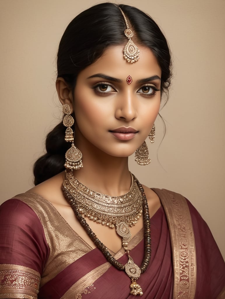 Indian girl dressed in sari and ethnic Indian jewelry, style by Jamini Roy