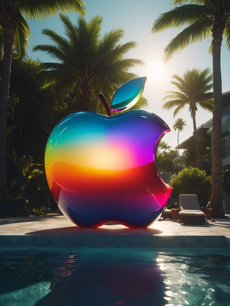 hyper realistic apple imacs as clear plastic pool float with sunlight shining through, neon palette, miami beach, unreal engine, octane render, cinematic lighting, highly detailed miami beach, y2k, bright colors, hyperrealistic, low angle, 16k, 8K UHD, 8K texture, cinematic, rim lighting, neon palette, color theory, dramatic, volumetric lighting, 35 mm, in focus, unreal engine, highly detailed, octane render, ultra high resolution