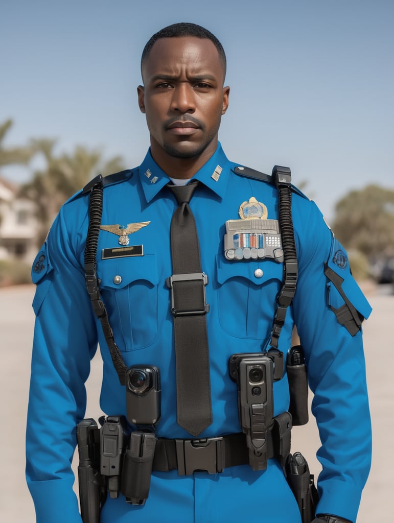 black man wearing cerulean blue military uniform, body cam, collar detail, security belt with gadgets, armed, serious look