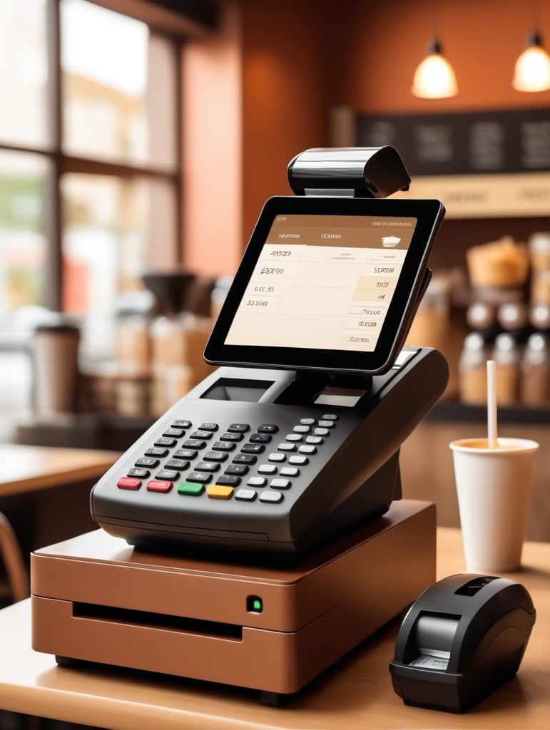 pos machine in coffee shop with cashier warm background