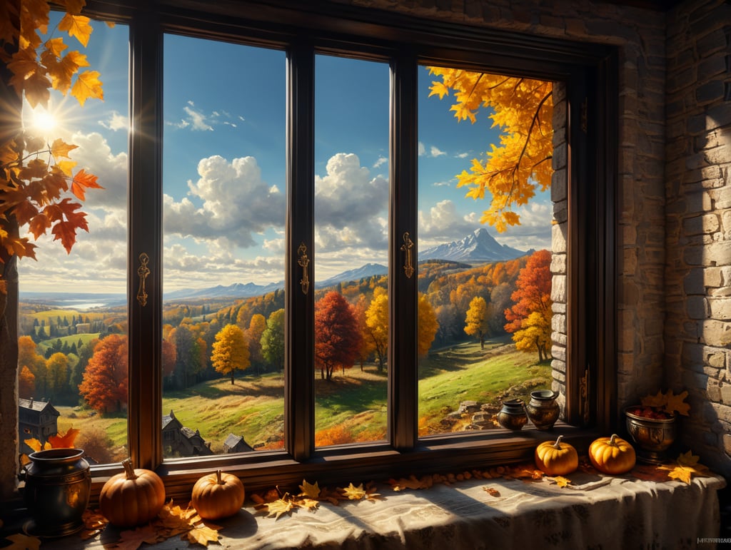 a view of calm warm sunny autumn day that seen throught an open window
