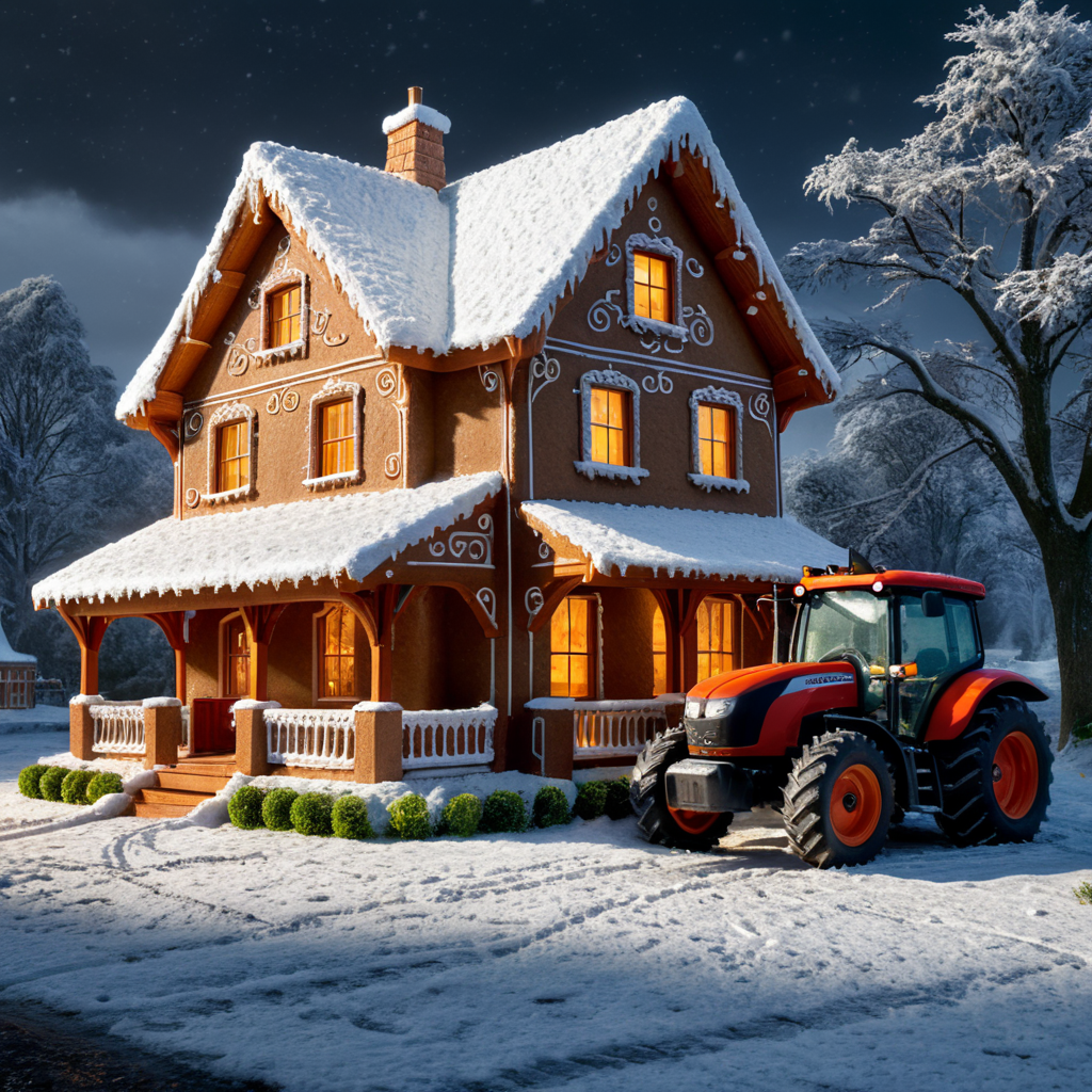 Small ginger bread house and a parked tractor outside. A man with a roll of house plans outside. For sale sign. Its also snowing.