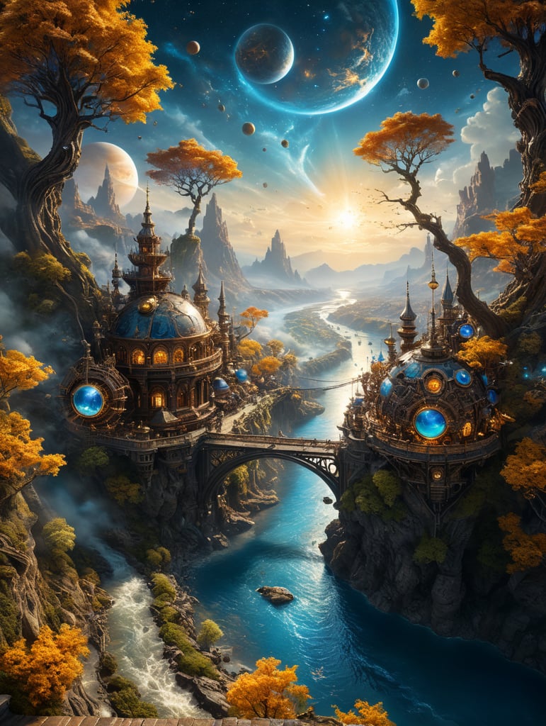 16K ultra cinematic High quality resolution Image, the Flying Dutchman made of detailed wires revealing pistons, detailed motor parts, copper trimmings, In the vast expanse of the cosmos, Above, a mesmerizing tapestry of planets, galaxies, and stars illuminates the scene. Below, a golden street meanders towards a radiant blue glass-colored river. On the right, a multicolored tree bursts with lustrous fruits, adding life to the luminous spectacle, infinite background