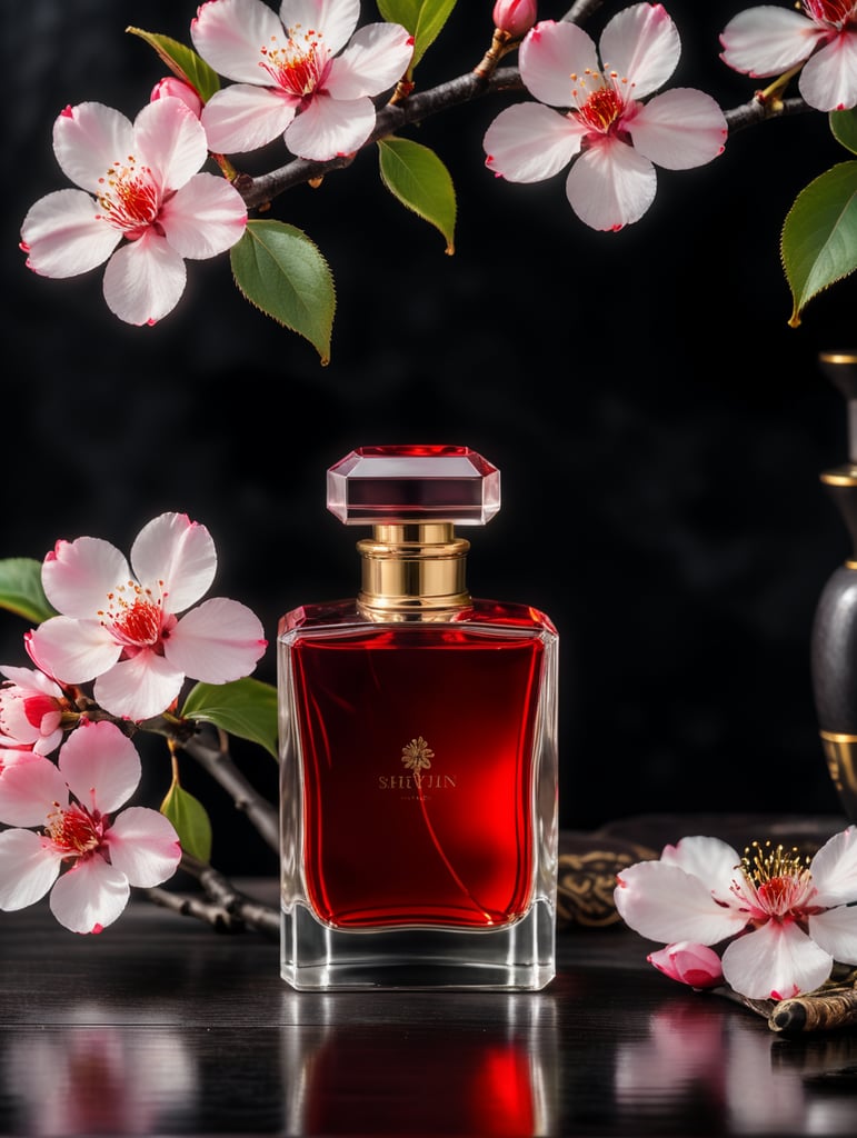 professional photography of a luxury perfume bottle on a black wooden desk, red satin scarf and sakura blossom in the background, no label, clear, mockup