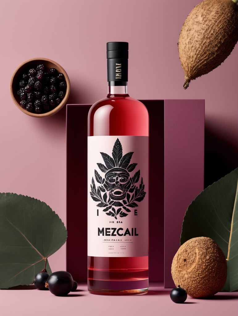 Packaging and branding for a mezcal brand as if it had been designed by HI ESTUDIO with In a set design with bricks, black currant and dry leaves.