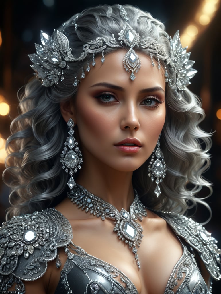 WS,an image of a woman with silver diamonds in her hair, in the style of mixes realistic and fantastical elements,fashion Deep V clothing, 4k