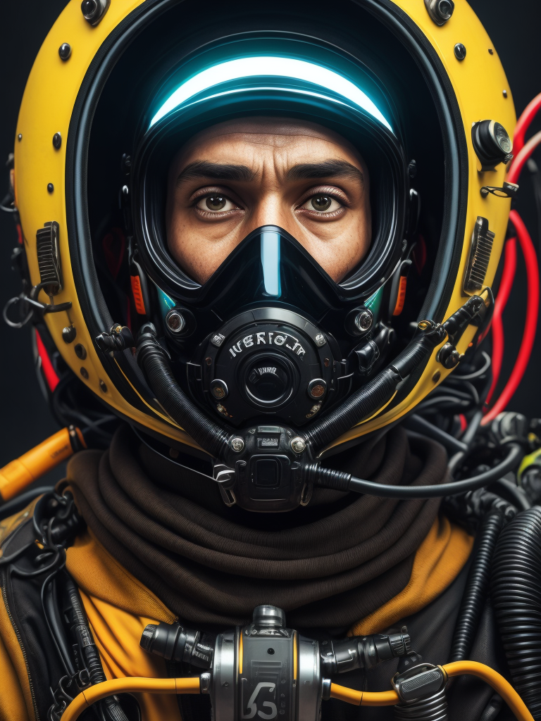 Portrait of commercial diver, ultra realism, super detailed, neon colors, magazine cover, professional shot, magazine photography, bright saturated colors, sharp focus, highly detailed