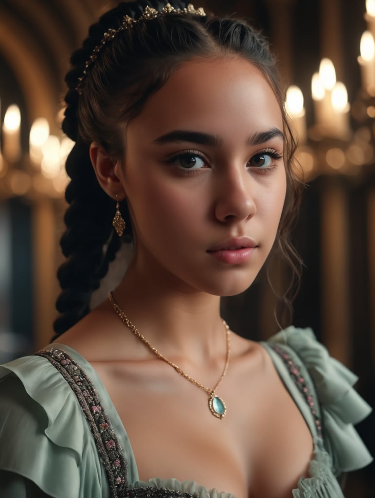 frontal close-up photo of a cute teenage girl with Italian dark braids and black eyes, wearing a ruffled dress with a plunging neckline, in a Renaissance palace, pastel colors