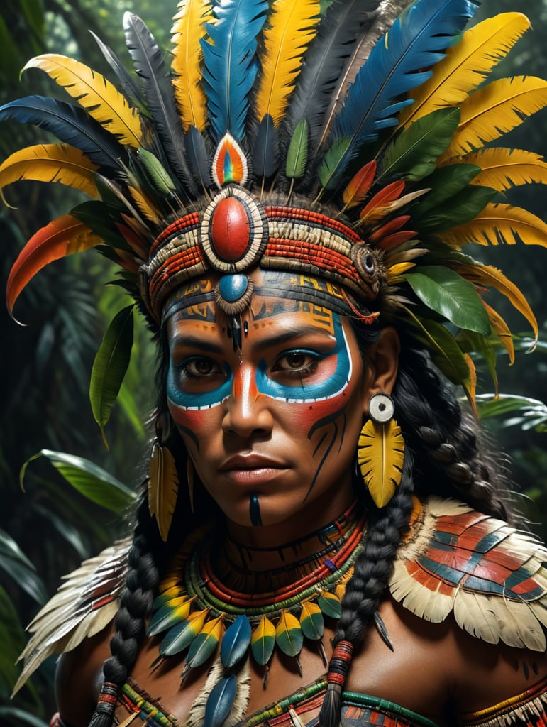 Crie uma arte baseada em uma figura indigena brasileira. com complementos animais da fauna do brasil.